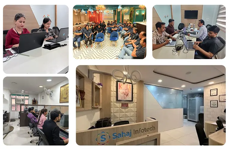 Sahaj Infotech office — team at work, reception, training sessions