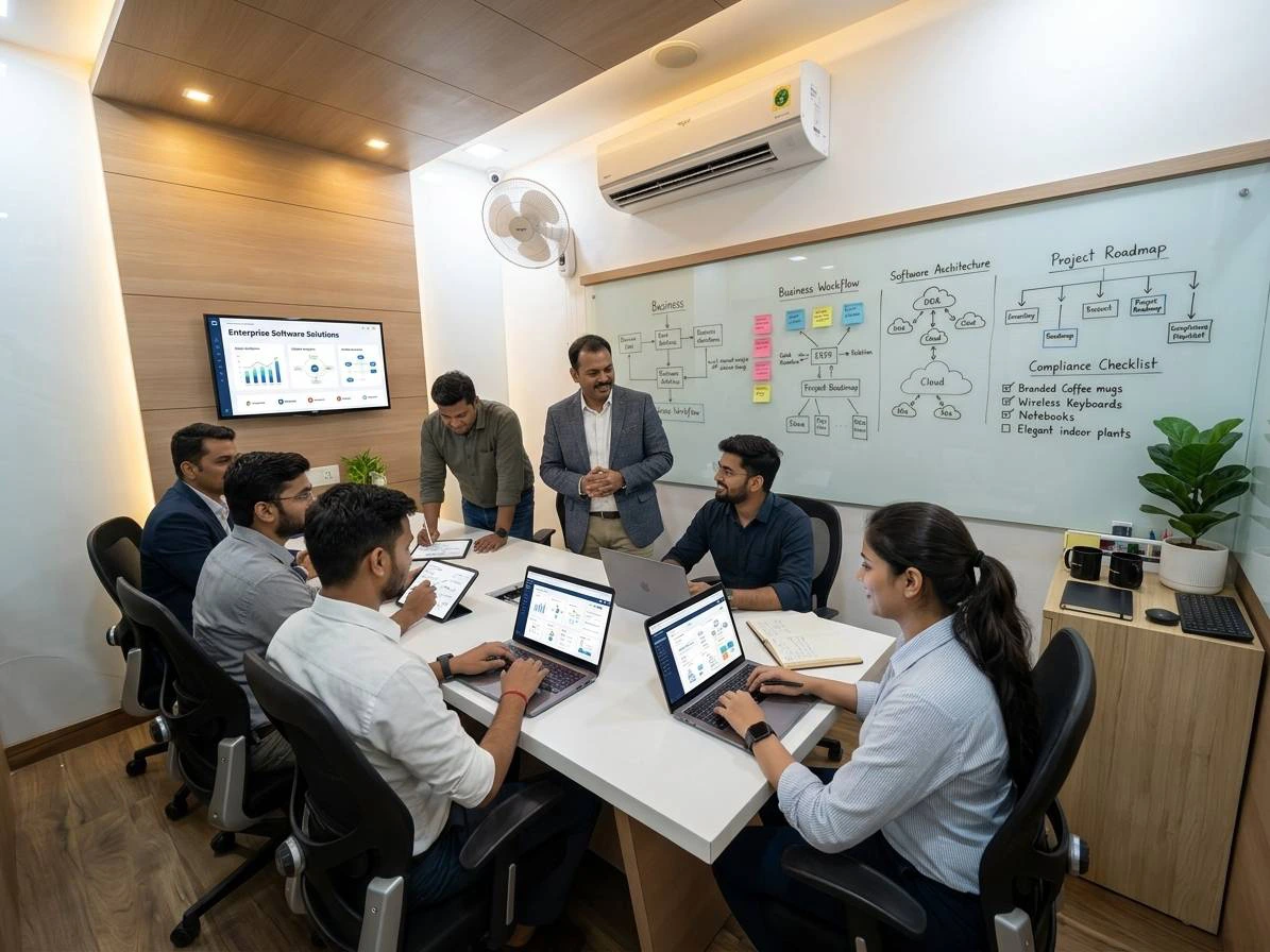 Sahaj Infotech team in a strategy session — whiteboard with business workflow, software architecture and project roadmap