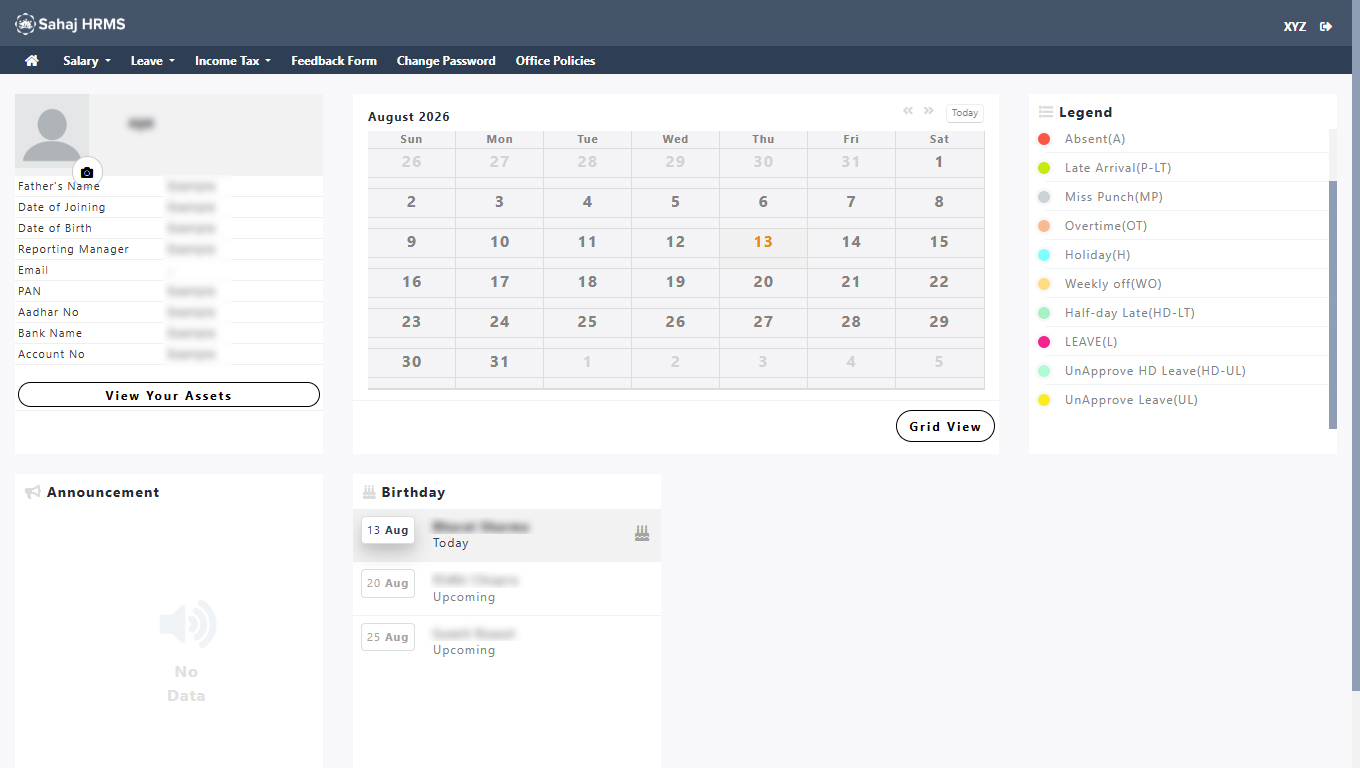 Sahaj HRMS ePay — dashboard view