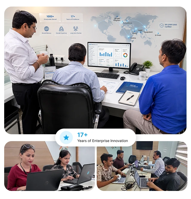 Sahaj Infotech team — global operations dashboard and world map